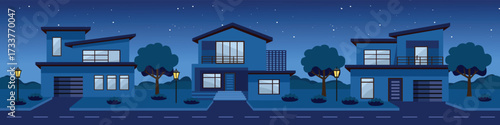 Residential neighborhood. Modern residential. Housing area at night. Night house. Midnight house. Villa. Home building.