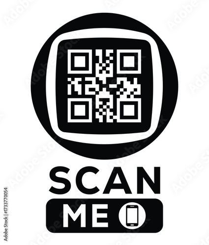 Minimalist black and white QR code label design with "SCAN ME" message, modern style, ideal for marketing, digital menus, business promotions, and mobile-based contactless solutions.	