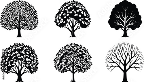 Stylized tree silhouette set with varied canopy and branch designs—black vector illustration for nature, art, education, and landscape design