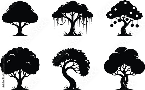 Stylized tree silhouette set with unique canopy and trunk designs—black vector illustration for nature, design, art, and educational use
