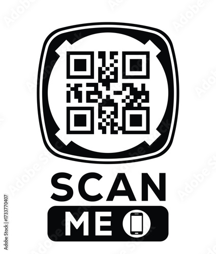 Minimalist black and white QR code label design with "SCAN ME" message, modern style, ideal for marketing, digital menus, business promotions, and mobile-based contactless solutions.	