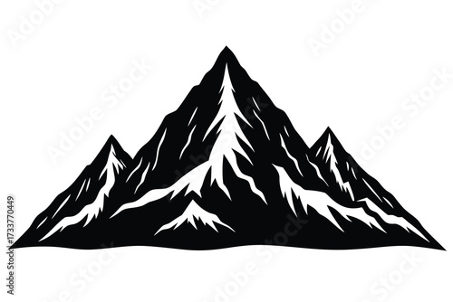 Black and White Mountain Range Silhouette with Snowcaps on a White Background