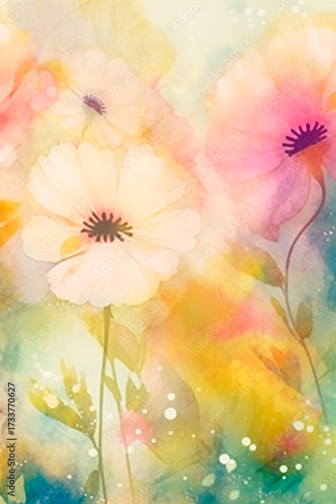 Obraz premium Blurred yellow, green and pink floral background, generative ai