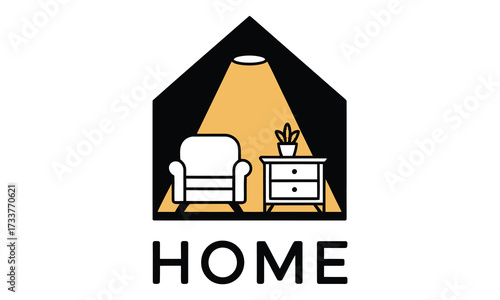 Cozy home interior scene inside a house silhouette with warm lighting and furniture