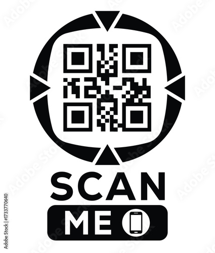 Minimalist black and white QR code label design with "SCAN ME" message, modern style, ideal for marketing, digital menus, business promotions, and mobile-based contactless solutions.	
