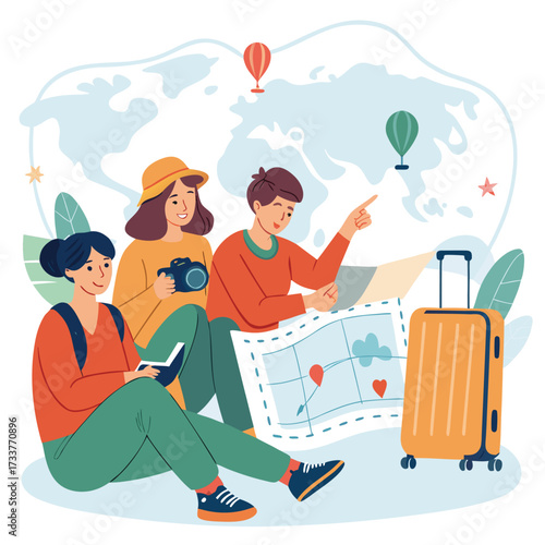 Vector art of a group of friends planning their travel adventure with a map, camera, and luggage, ready to explore new destinations and create lasting memories
