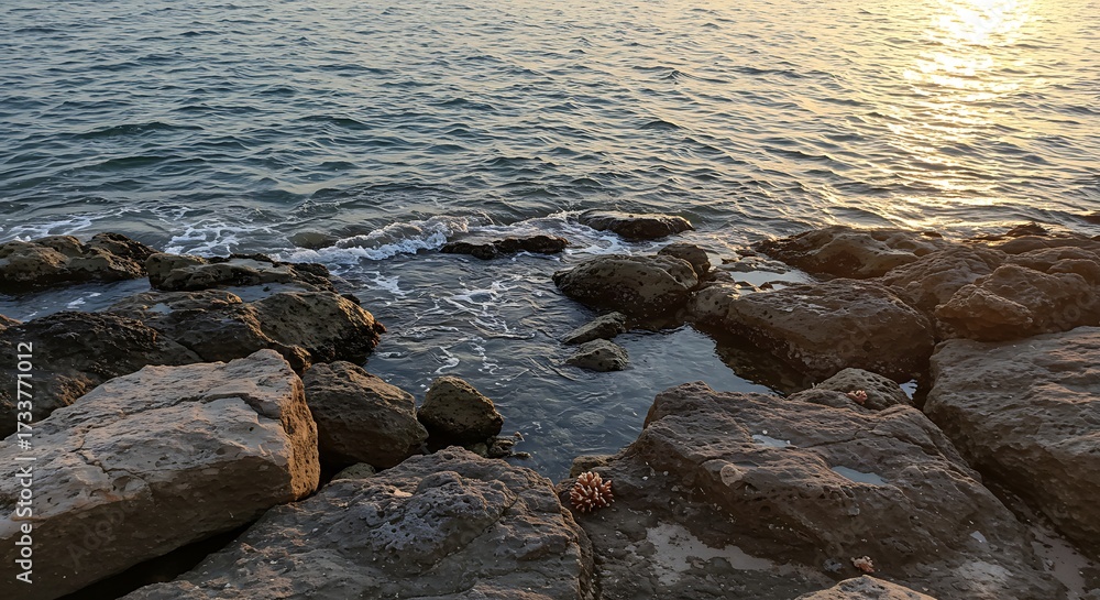 Fototapeta premium Coastal rocks meet ocean waves under golden sunlight