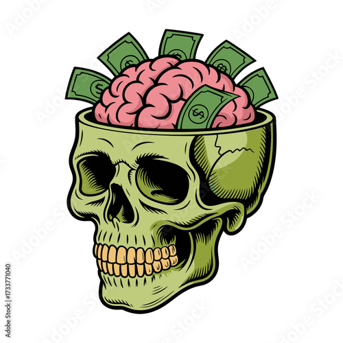open skull illustration, exposed brain with cash bills, dark humor concept, surreal street style, rebellious halloween vector