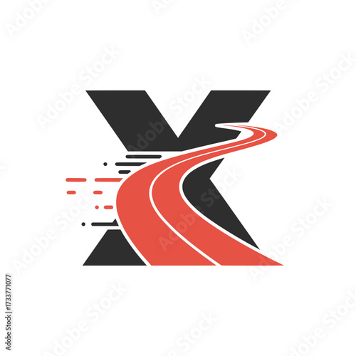 Letter X logo with racing track design, Creative letter X logo combined with a bold red racing track illustration, symbolizing speed, direction, motion, and modern branding identity.

