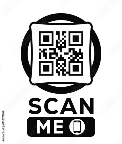 Minimalist black and white QR code label design with "SCAN ME" message, modern style, ideal for marketing, digital menus, business promotions, and mobile-based contactless solutions.	