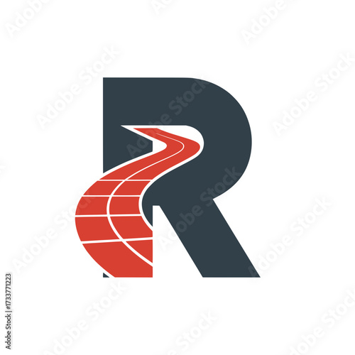 Letter R logo with racing track design, Bold letter R logo featuring a dynamic red racing track curving through its shape, symbolizing speed, progress, energy, and forward movement.

