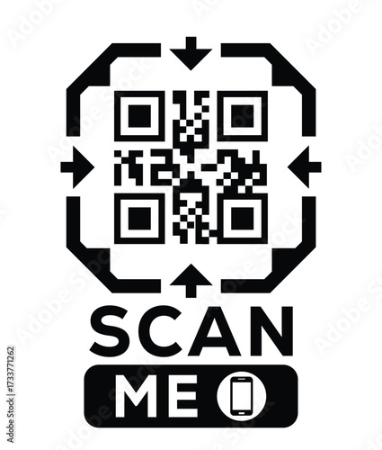Minimalist black and white QR code label design with "SCAN ME" message, modern style, ideal for marketing, digital menus, business promotions, and mobile-based contactless solutions.	