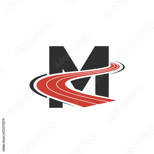 Letter M logo with racing track design, Creative letter M logo featuring a bold red racing track curving through the letter, symbolizing speed, progress, motion, and modern energy.

