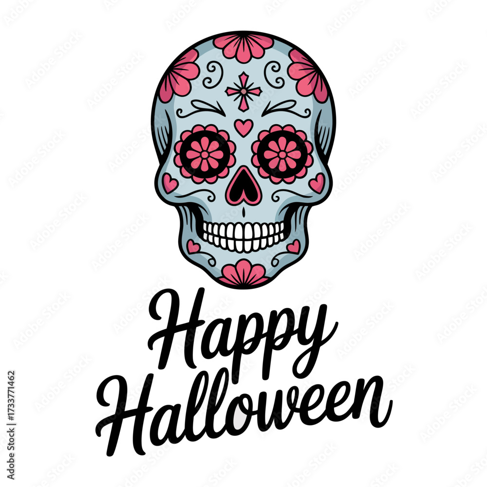 Fototapeta premium Sugar skull with floral patterns, happy halloween script, decorative folk style, festive celebration emblem, traditional vector illustration