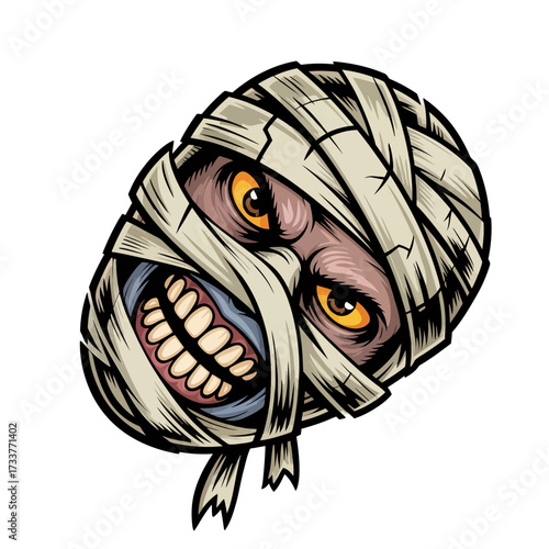 Creepy mummy head, torn bandage wraps, glaring orange eyes, decayed monster face, horror mascot emblem, detailed vector art
