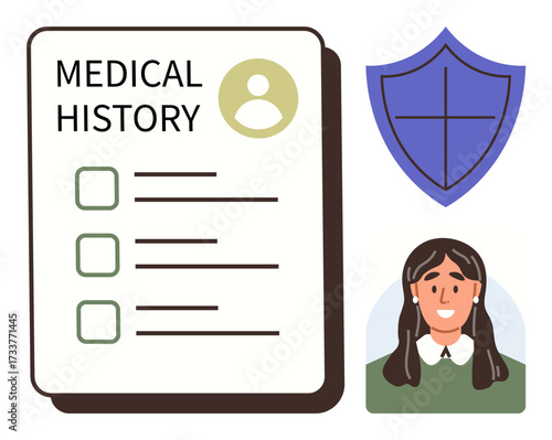 Medical history document, personal avatar, insurance shield. Ideal for healthcare, data privacy, patient profile, insurance, medical records protection security. Simple flat metaphor