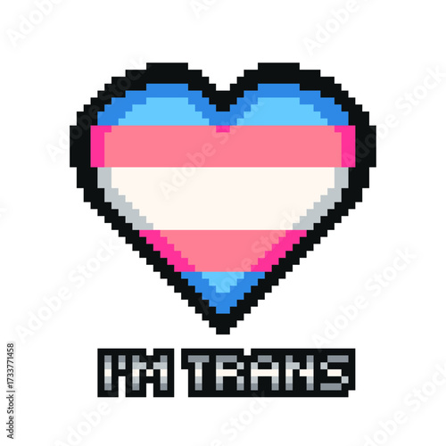 Embossed Heart in Trans flag Coloring with 'I'm Trans' Typography, Pixel Art Icon