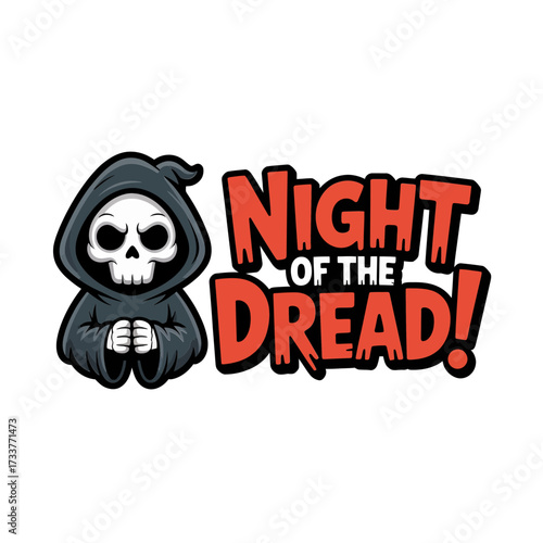Grim reaper cartoon, night of the dread text, bold red typography, scary mascot badge, halloween graphic, vector illustration