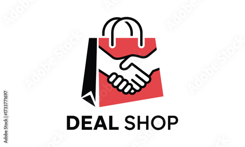 Deal shop logo with handshake inside shopping bag symbolizing trustworthy commerce