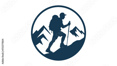 Outdoor adventure silhouette logo featuring hiker climbing mountains with trekking poles