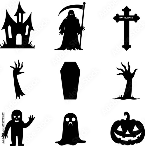 Nine Scary Halloween Silhouette Icons and Symbols Set