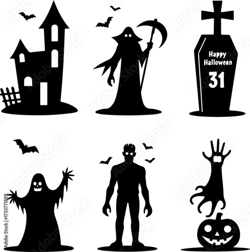 Nine Scary Halloween Silhouette Icons and Symbols Set