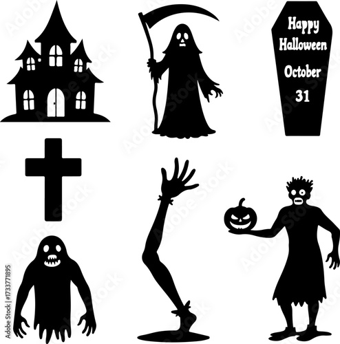 Nine Scary Halloween Silhouette Icons and Symbols Set