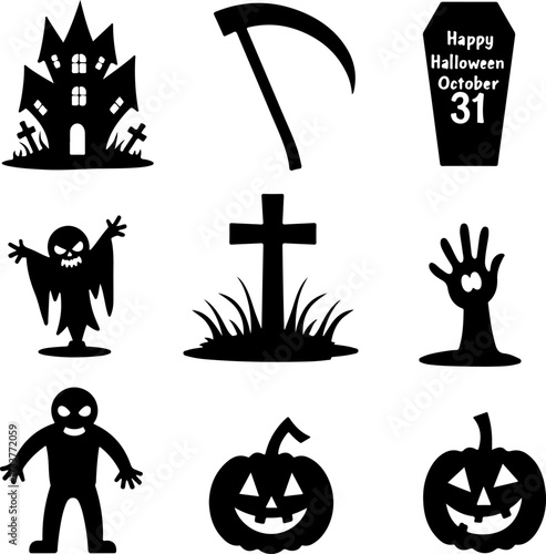 Nine Scary Halloween Silhouette Icons and Symbols Set