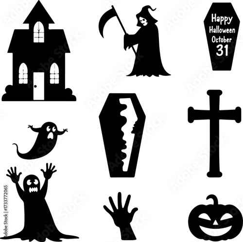 Nine Scary Halloween Silhouette Icons and Symbols Set