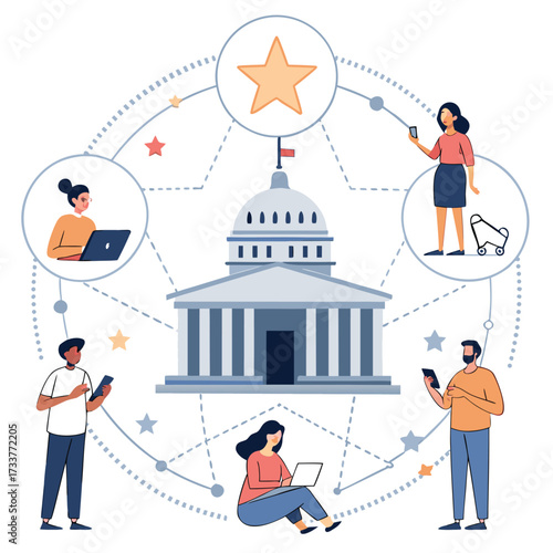 Illustration of government building with people using technology to connect and communicate with online services