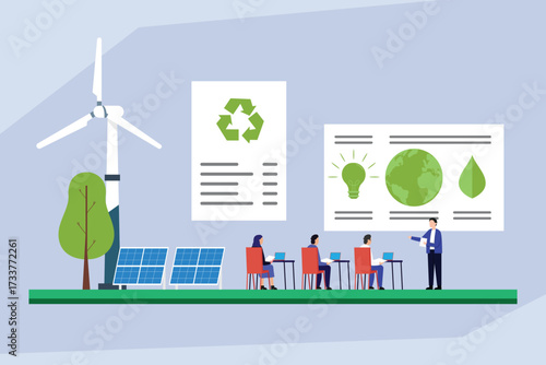 Teacher Instructing Students on Eco-Friendly Practices, Green Technology, and Environmental Responsibility in a Classroom Setting 2d flat vector illustration