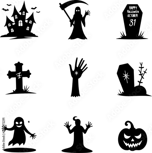 Nine Scary Halloween Silhouette Icons and Symbols Set