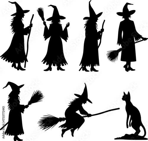 Witch and Black Cat Halloween Silhouette Collection Bundle