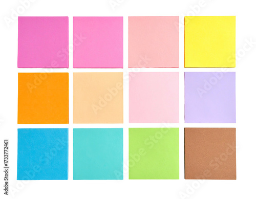 Twelve multi-colored square sticky notes arranged in a grid