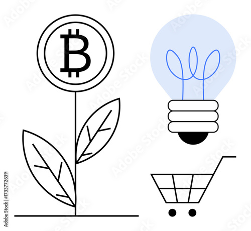 Bitcoin coin growing on a stem with leaves, energy-efficient light bulb, and shopping cart. Ideal for cryptocurrency, fintech, innovation, investment, energy, e-commerce modern economy concepts