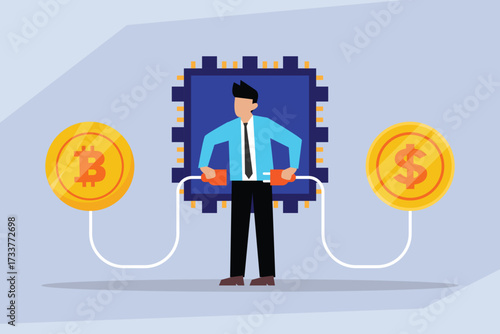 Cryptocurrency to Fiat Exchange and Conversion Concept with Businessman and Processor 2d flat vector illustration