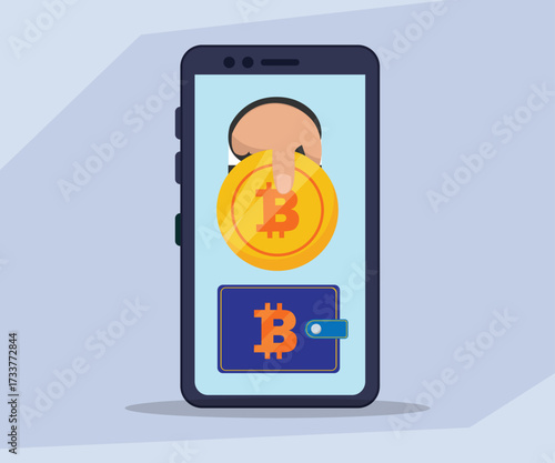 Mobile Cryptocurrency Wallet Concept with Hand Depositing Bitcoin Coin into Smartphone 2d flat vector illustration