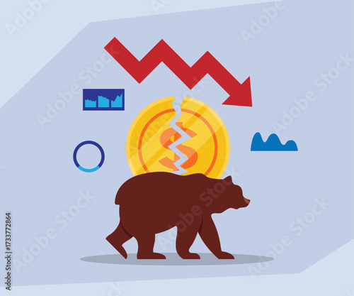 Bear Market Concept Showing Financial Recession, Stock Crisis, and Economic Downturn 2d flat vector illustration