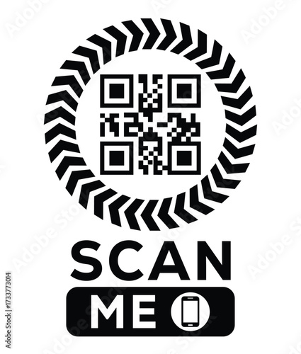 Minimalist black and white QR code label design with "SCAN ME" message, modern style, ideal for marketing, digital menus, business promotions, and mobile-based contactless solutions.	