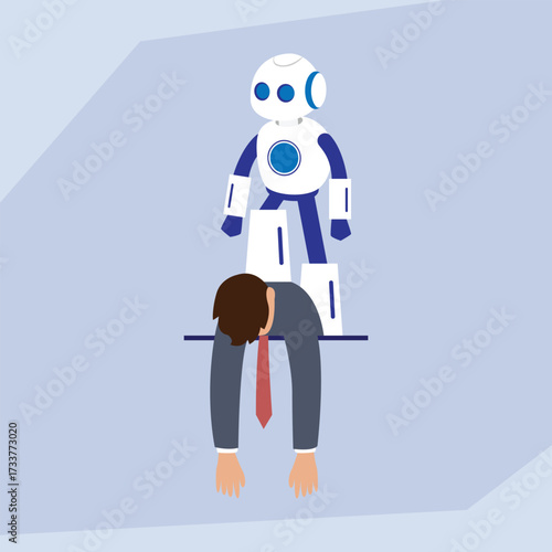 Artificial Intelligence Robot Overcoming and Replacing Human Worker, Concept of Job Automation 2d flat vector illustration