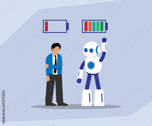AI Robot Efficiency Versus Human Fatigue, Concept of Automation Superiority and Energy Levels 2d flat vector illustration