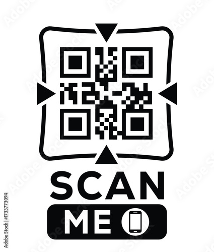 Minimalist black and white QR code label design with "SCAN ME" message, modern style, ideal for marketing, digital menus, business promotions, and mobile-based contactless solutions.	