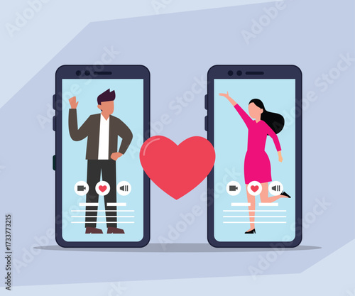 Online Dating App or Social Media Connection Between Man and Woman with Heart Symbol 2d flat vector illustration