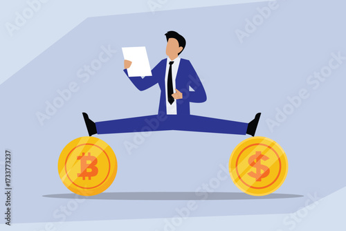 Businessman Balancing Between Cryptocurrency and Fiat Money, Concept of Portfolio Diversification and Financial Risk 2d flat vector illustration