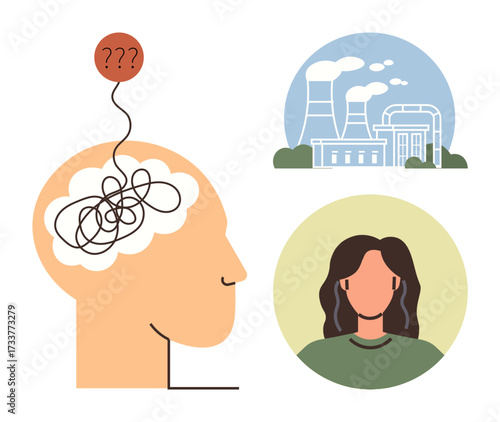Human head with tangled lines and question marks reflecting mental confusion, factory emitting smoke symbolizing pollution, and person portrait representing human connectivity. Ideal for mental