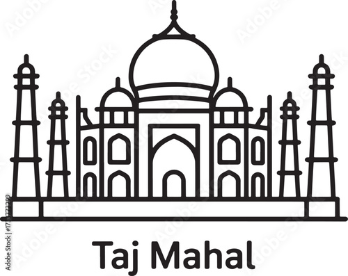 Taj Mahal Line Art India Agra Landmark Architecture Mughal Mausoleum Muslim Tomb Outline Vector