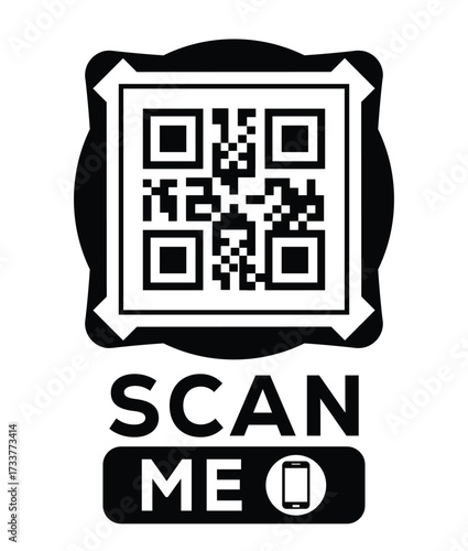 Minimalist black and white QR code label design with "SCAN ME" message, modern style, ideal for marketing, digital menus, business promotions, and mobile-based contactless solutions.	