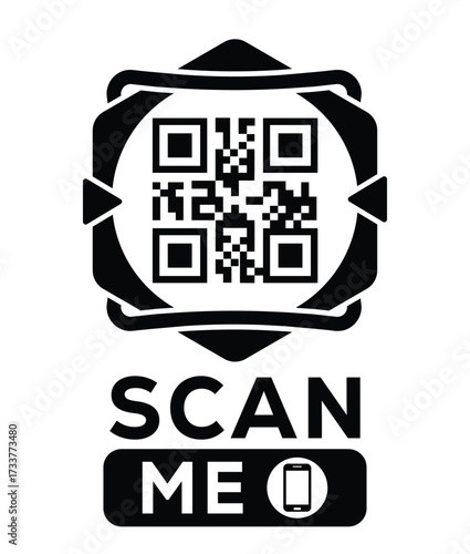 Minimalist black and white QR code label design with "SCAN ME" message, modern style, ideal for marketing, digital menus, business promotions, and mobile-based contactless solutions.	