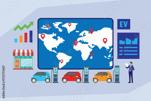 Global Electric Vehicle (EV) Market Growth and Charging Station Network Expansion 2d flat vector illustration
