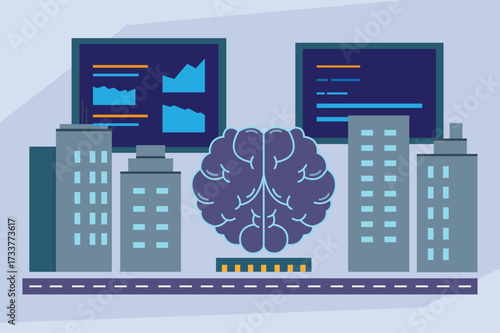 Smart City Management Controlled by Artificial Intelligence Brain and Urban Data Analysis 2d flat vector illustration